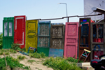 Old colorful wooden door with panels