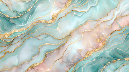 Abstract teal and rose gold marble texture with glitter accents, elegant fluid art background design