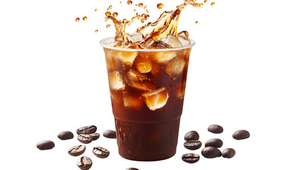 Iced Coffee Splash Coffee Beans isolated on a transparent background