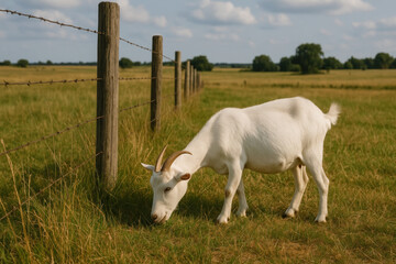 Obraz premium White goat grazing behind a fence in a field.