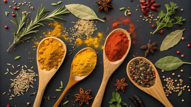  Colorful Spices and Herbs in Wooden Spoons on Dark Background.