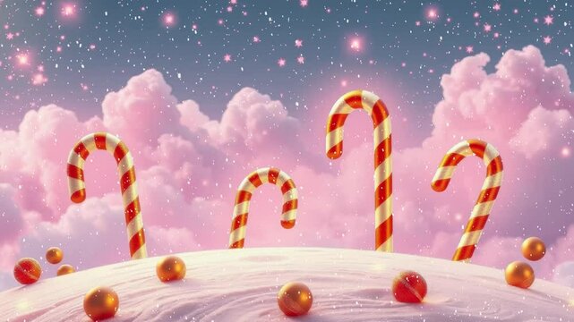 Candy canes and christmas balls in the snow