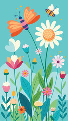 Fototapeta premium Colorful floral illustration with butterflies and a variety of blooming flowers on light blue background