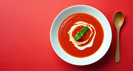 Top view of bright red tomato soup in white ceramic bowl, wooden spoon lying next to bowl.