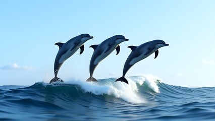 Dolphins Soaring Above Crashing Waves Under Clear