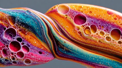 Colorful, swirling line of paint with many small, round bubbles. The bubbles are of various sizes and colors, creating a dynamic and lively scene. Scene is energetic and playful