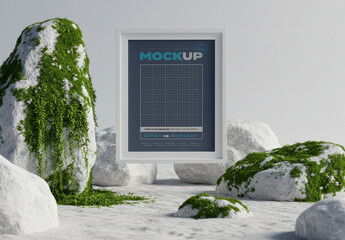 Floating Vertical Frame Poster Mockup with Rocks and Grass Scene
