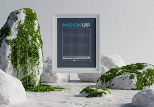 Floating Vertical Frame Poster Mockup with Rocks and Grass Scene