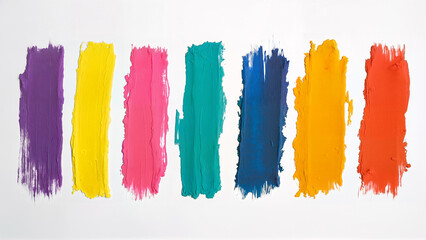 Seven thick, textured paint strokes in different colors are isolated on a white background. Used for design, art, and creative inspiration contexts.
