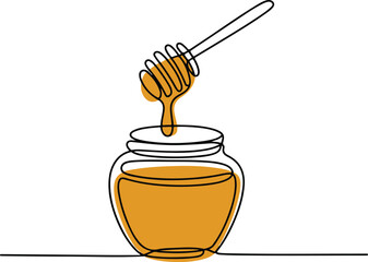  single-line drawing of a honey jar with dipper in continuous line art style on white background