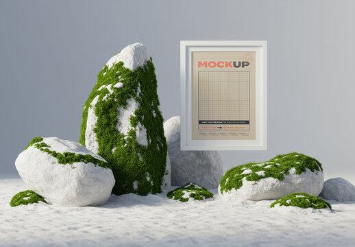 Floating Vertical Frame Poster Mockup with Rocks and Grass White Beach Scene