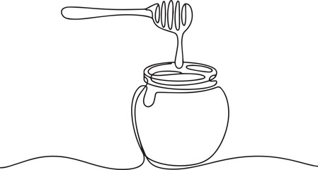  single-line drawing of a honey jar with dipper in continuous line art style on white background