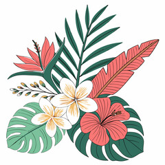 Tropical flowers, palm leaves, jungle leaves, bird of paradise flower, hibiscus, plumeria. Vector flat exotic illustrations