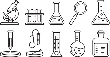 Black and White Line Art Scientific Equipment Icons Set Microscope Test Tubes Flasks Beakers Magnifying Glass