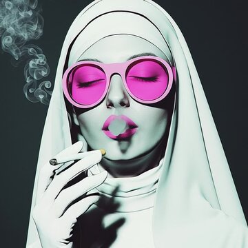 Surreal and provocative portrait footage of a nun in white robes wearing oversized pink sunglasses and smoking, blending pop art and rebellion