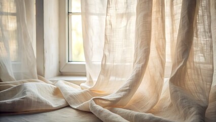 Off-white linen fabric with natural wrinkles and light coming through a window
