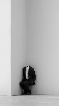 Black and white surreal footage of a headless man in a suit sitting in a minimalist corner, evoking isolation, absurdity, and mystery