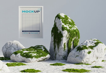 Floating Vertical Frame Poster Mockup with Stones and Grass Scene