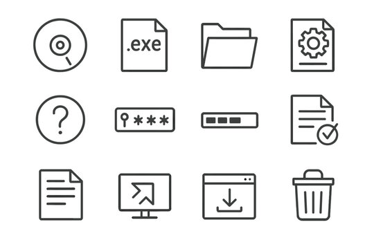 Minimalist icon set featuring files, security, and technology elements