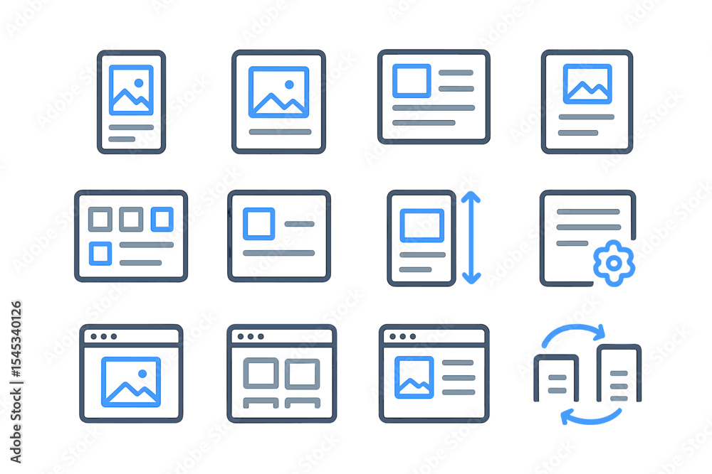 Poster website interface design elements with digital icons in grid layout