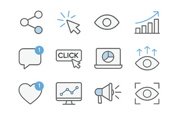 Digital interface icons for notification and analytics with eye and heart symbols