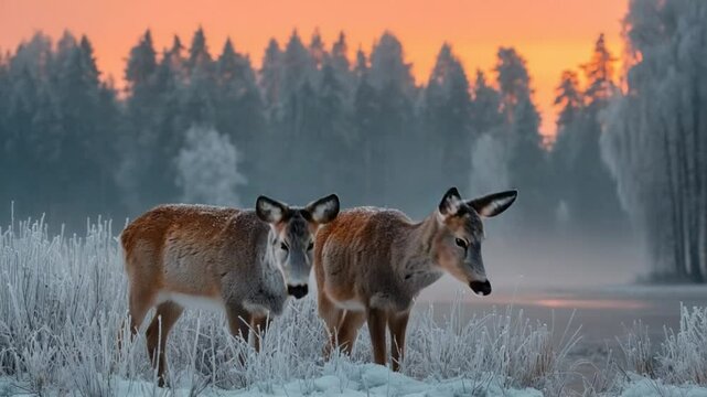 Two European Roe Deer standing in a Snowy Winter Landscape at Sunset