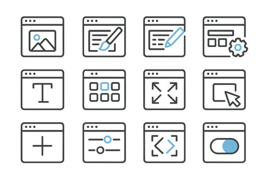 Web design and development icons in dark interface with blue highlights