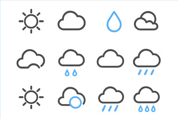 Weather icons on metallic background: sun, clouds, rain