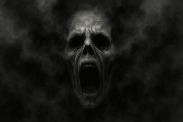 Open-mouthed skull in stark black and white.