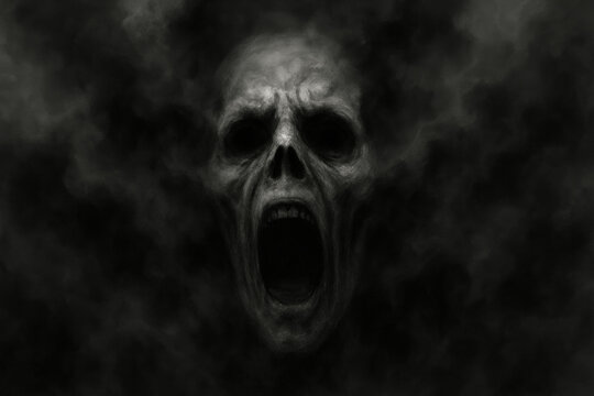 Open-mouthed skull in stark black and white.