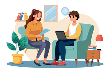 Fototapeta premium Couple engages in casual discussion at home in a cozy living room