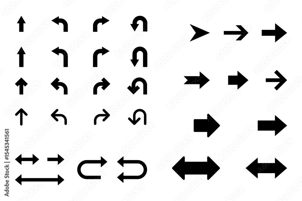 Poster go straight this way one way only u turn left and right black arrow sign direction icon set. vector 