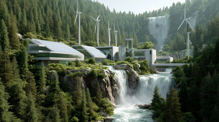 Futuristic eco data center near a waterfall, powered by wind turbines and solar panels, blending renewable energy with high-tech architecture in a lush natural setting.