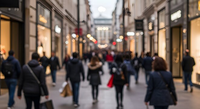 La concurrida calle comercial con gente que lleva bolsas cerca de los escaparates.
