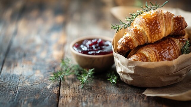 Delicious golden croissants with berry jam on rustic wooden table.