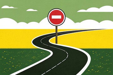 Winding Road No Entry Sign Yellow Green Landscape curve