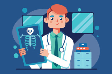 Doctor presenting an x-ray of a skeleton in a medical office setting
