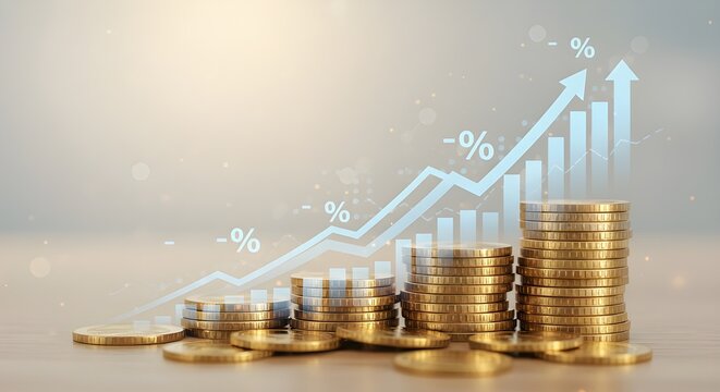 Un mont&oacute;n de monedas de dinero con la tabla de mercado y el mercado de valores para la banca financiera aumenta la tasa de inter&eacute;s o el dividendo de inversi&oacute;n hipotecaria del concepto de crecimiento e