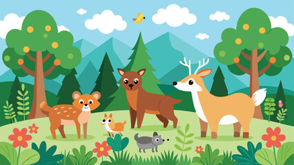 Obraz premium Cute forest scene illustration featuring various animals and trees on a bright day