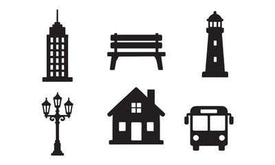 Obraz premium Black Silhouette Icons Set City Building Park Bench Lighthouse Street Lamp House Bus Transportation Symbols