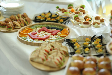 Beautifully arranged catering table with assorted finger foods, fruit platters, mini sandwiches, and desserts, perfect for weddings, receptions, and upscale events.