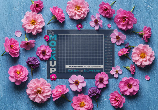 Horizontal Page Mockup with Pink and Violet Flowers