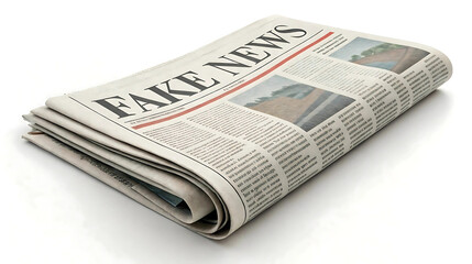 Folded newspaper with fake news headline, media misinformation concept for journalism, disinformation, press ethics and public awareness campaigns