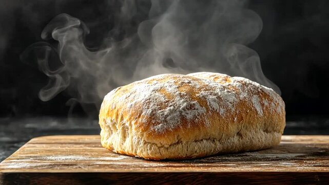 Freshly baked steaming wheat bread on wooden cutting board on black background. Hot home bakery