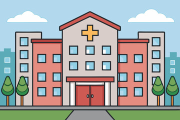 Modern hospital building in a vibrant urban setting with clear skies and surrounding greenery