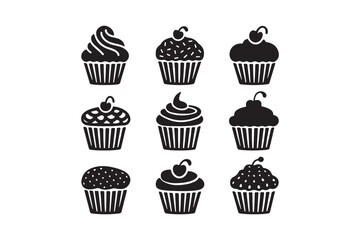 Cupcake Silhouette Icon Set Black Vector Muffin and Dessert Illustrations
