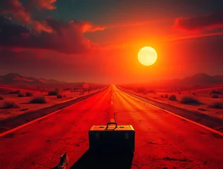 Fototapete Rund Desert road, sunset, suitcase © mamibaru