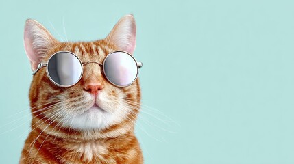 Cat wearing sunglasses and looking at the camera. The cat is wearing a pair of sunglasses and he is posing for a photo. The sunglasses give the cat a cool and stylish appearance