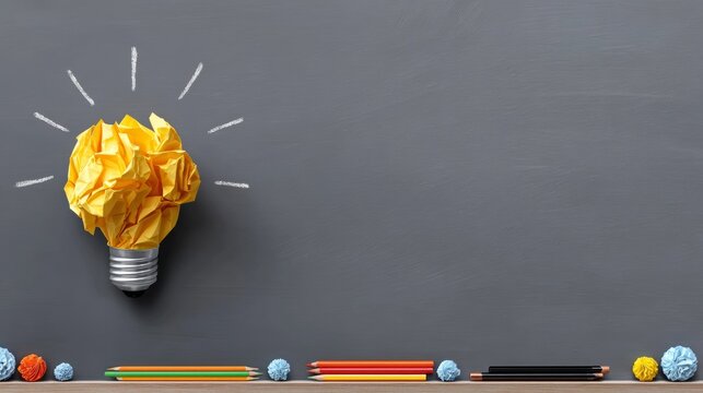 Yellow light bulb is drawn on a chalkboard with a pencil and a red pencil. Concept of creativity and innovation, as the light bulb is often associated with new ideas and inspiration - Powered by Adobe
