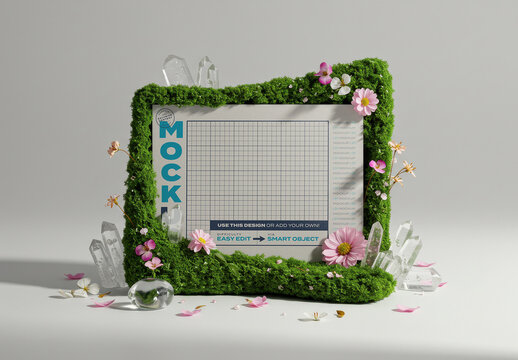 Horizontal Page Poster Mockup with Grass Flowers and Cristals Stand